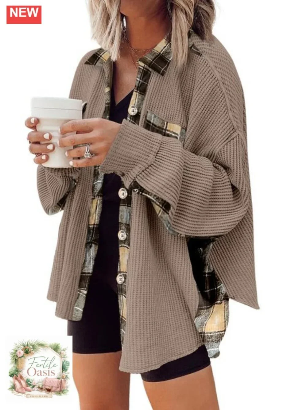 Womens Waffle Knit Plaid Shacket Lightweight Jacket Button Down Flannel Long